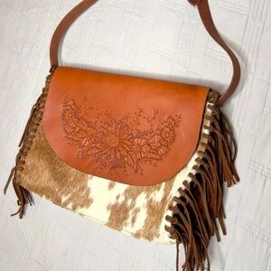 Hand Crafted Tooled Leather Floral Cowhide Fringe Crossbody - Brown & White